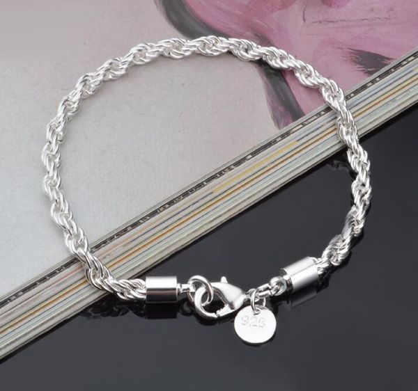 

3mm 4mm width 20cm length rope chain link bracelet fashion 925 sterling silver plated jewelry bracelets wholesale, Black