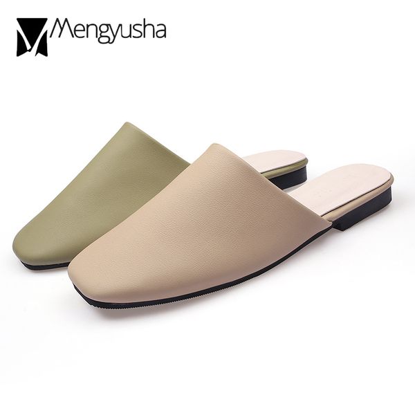 

2020 femme pantoufles super soft pu leather slippers woman outdoor slides square cover toe mules women antiskid flats loafers, Black