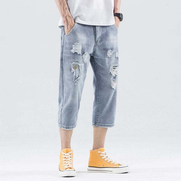 

1y4ie 2019 летние мужские обрезанные джинсы корейский тонкий юноша нищий дырочных шорты разносторонних девять девять шорты пят брюки укороче, Blue