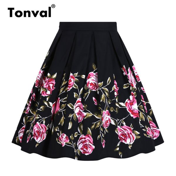 

tonval black elegant vintage floral pleated skirt women retro style tutu knee-length summer skirt cotton plus size skirts