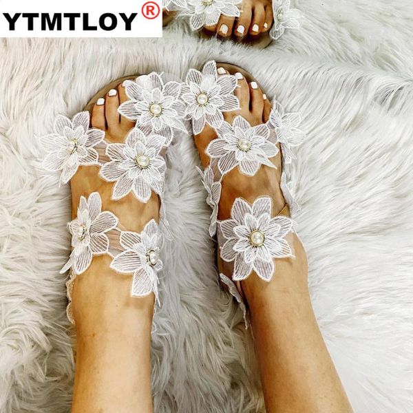 

ins elegant pearl flower sandals 2020 summer low heel sandals women classic comfy flat shoes woman flat with floral, Black