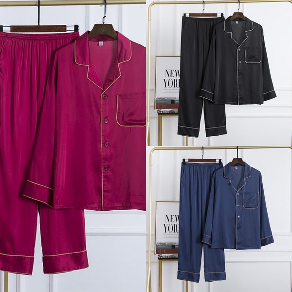 

men's casual pajamas couple ice set long pajamas silk and silk sleeve two-piece set, Black;brown