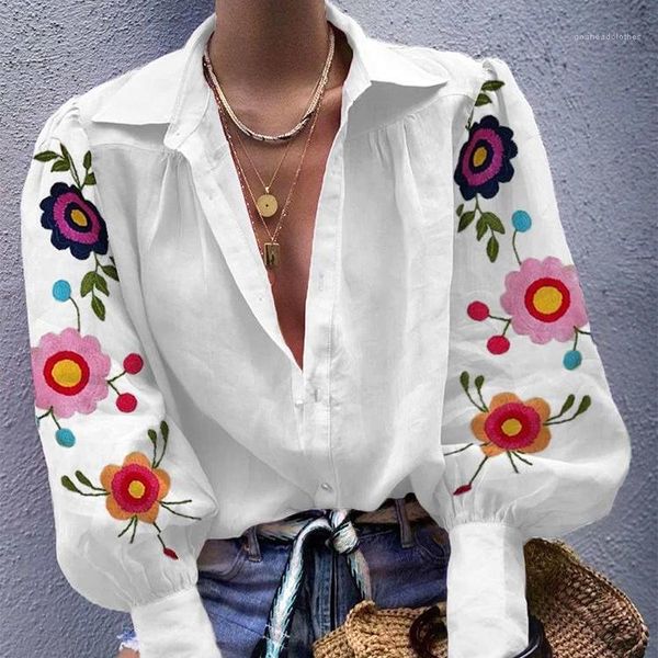 

женщины рубашки sexy повседневная зрелые дамы одежда вышивание цветочный v-образным вырезом женщин блузы весна осень фонарь рукава, White
