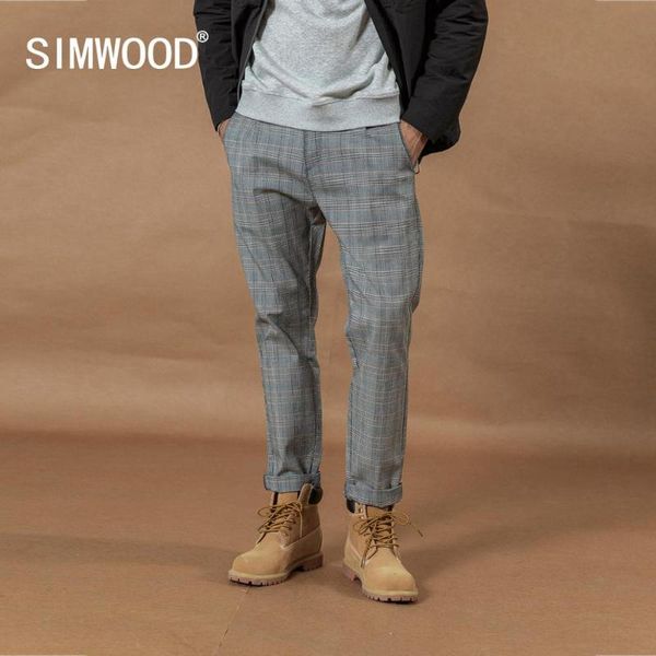 

simwood 2020 autumn winter new smart casual plaid pants men straight ankle-length trousers loose plus size fashion pant si980532, Black