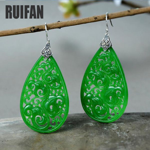 

ruifan trendy hollow natural green jade earrings for women 925 sterling silver big long hooks earrings silver 925 jewelry yea230
