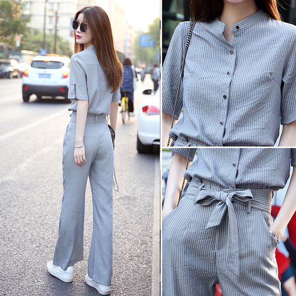 

2 piece set suit woman 2020 summer fashion temperament leisure time shirt collocation high waist wide leg pants sets for women, White