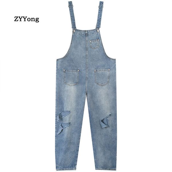 

men hole denim jumpsuit bib loose big ripped jeans hip hop freight cargo pants overalls streetwear leisure blue trousers