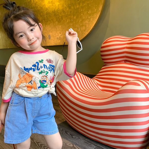 

rh2kg 2020 children's skirt t-shirt skirt summer girls korean cartoon printed short-sleeved children's loose casual t-shirt parent, Blue