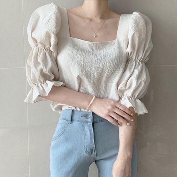 

korean chic french style gentle slimming square collar collarbone shirt design bubble short sleeve chiffon shirt for women, White