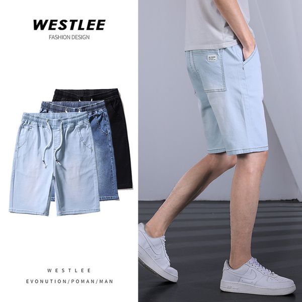 

men's jeans summer thin korean elastic waist denim shorts fashion brand loose casual versatile 5-point pants, Blue