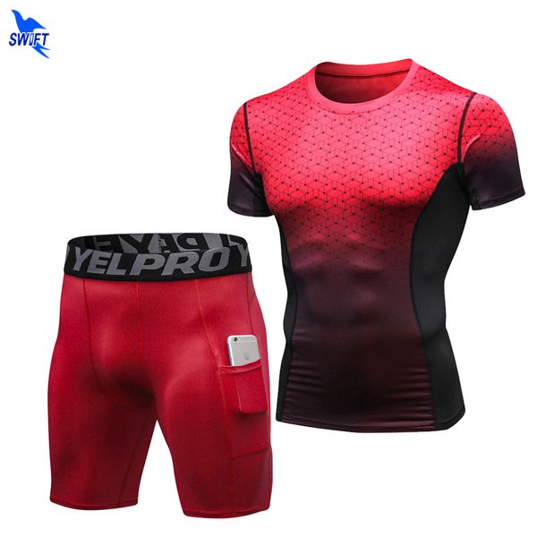 

sport suits men's compression sportswear printing t shirts+pocket shorts running set gym fitness breathable training tracksuits, Black;blue