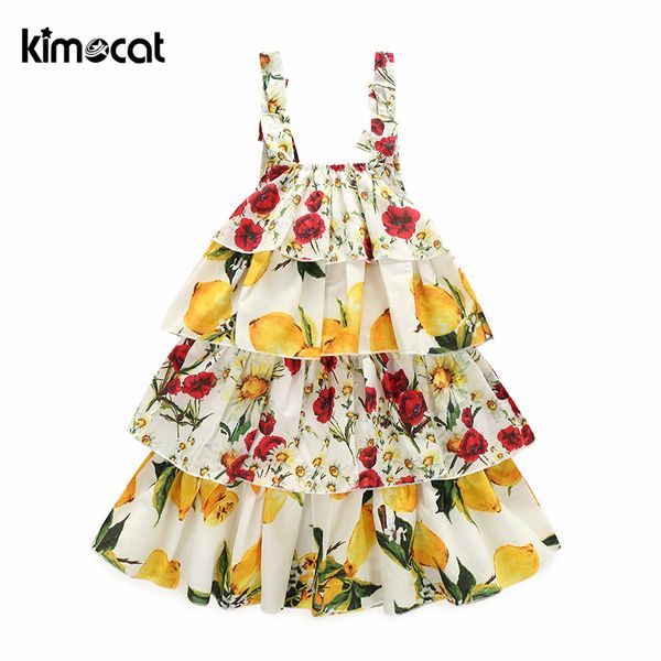 

kimocat baby girls dress summer beach style floral lemon fruit print backless layered dress cute sleeveless kids girls t200716, Red;yellow