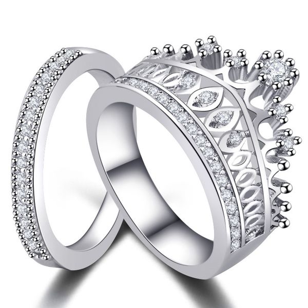 

luxury elegant sliver crown rings set for women men high-end fashion party ladies rings wedding engagement couples set, Golden;silver