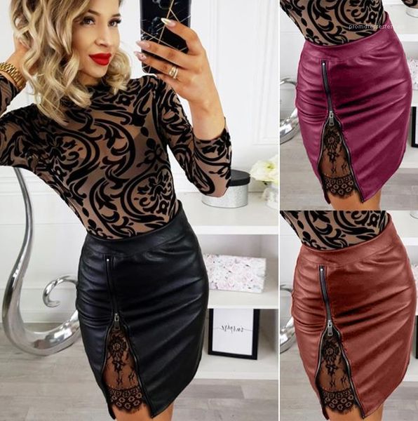 

split high waist solid color short skirt new 20aw women clothing women pu leather skirts zipper, Black