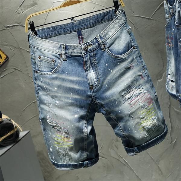 

2020 fashion new mens designer short jeans luxury hip hop jeans for men slim fit washed motocycle panelled denim short pants size28-38, Blue
