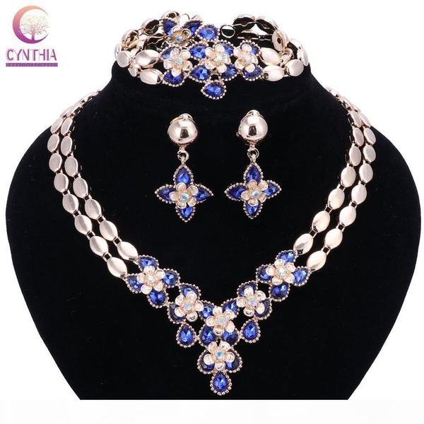

Flower Jewelry Set Gold colour goldenRhinestone French Romantic Bracelet Earrings Necklace Set For Women Hot Sell