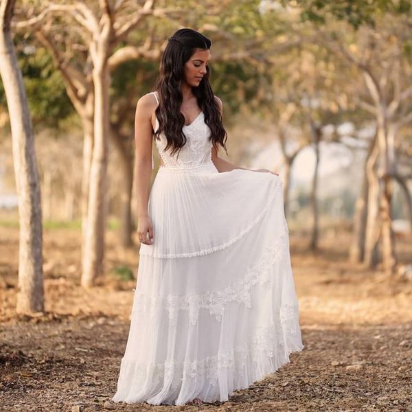 

2020 a line beach chiffon v neck wedding dresses bridal gown lace plus size dresses wedding gown vestido de playa, White