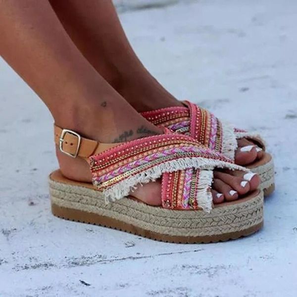 

sandals european and american fashion buckle belt fish mouth cross thick bottom straw woven back empty women's shoes, Black