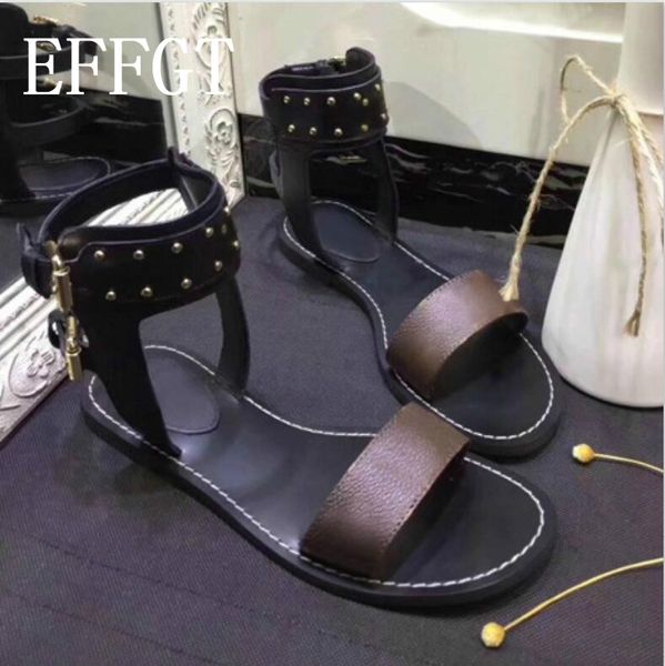 

effgt women's sandals shoes 2019 summer new rome high help rivet feet women's shoes leather flat flat heel set of sandals k09, Black