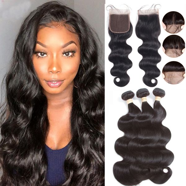 

hair brazilian hair weave bundles with closure bundle with lace closure human hair body wave bundles with closure, Black