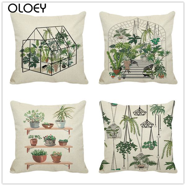 

nordic style green plant potted linen pillowcase, size 45x45cm, home bedroom office decoration, l car decorative pillowcase