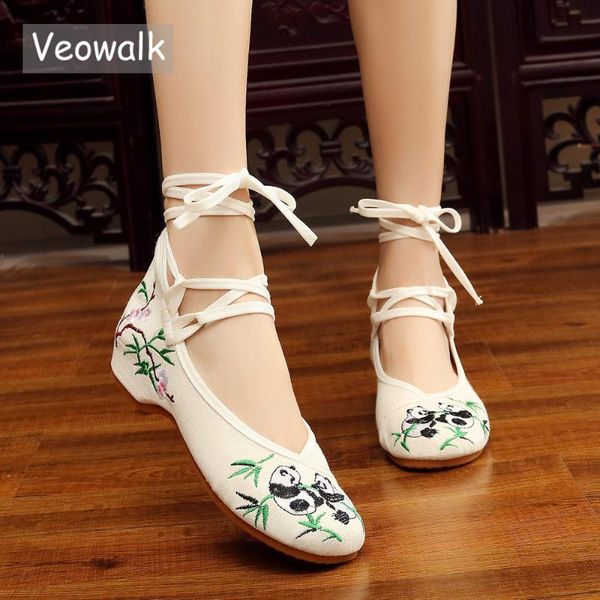 

veowalk panda вышитые женщин вскользь canvas балетки лодыжки ремень дамы китайский хлопок вышивка обувь женщина балетки, Black