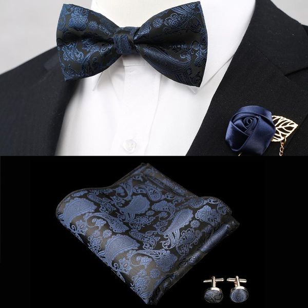 

neck tie set 3 pcs mens solid color pocket square bows royal blue adjustable handkerchief bowtie wedding party paisley hanky lot, Black;blue