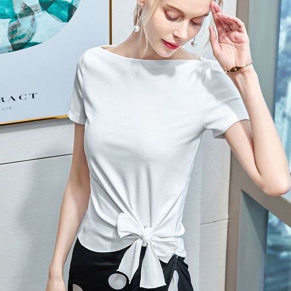 

t-shirt women short-sleeved fashion summer 2020 new t-shirt hem bow tie straps solid color women size s-2xl, White