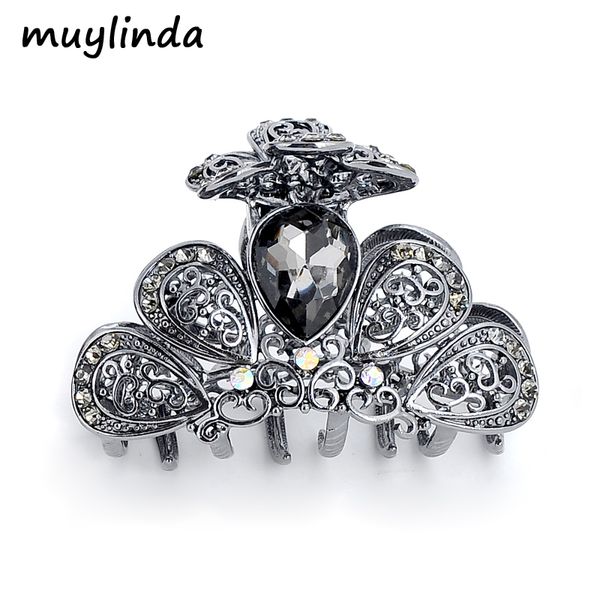 

muylinda crystal flower hair jewelry black hair claw crab vintage rhinestone clip pins accessories for women, Golden;silver