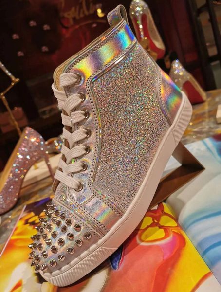 

elegant silver glitter leather spikes mens red bottom shoes party wedding women lace up casual walking designer sneakers with box, Black