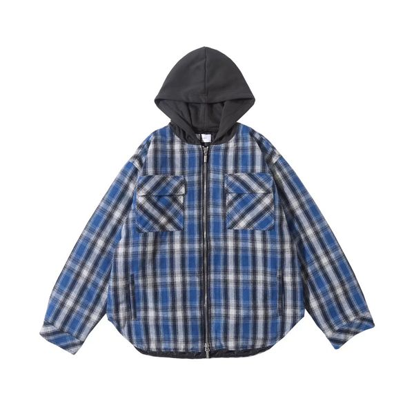 

mens jackets rhude 19fw blue plaid hooded shirt coat cotton jacket high street hoodie casual hooded jackets outwear, Black;brown