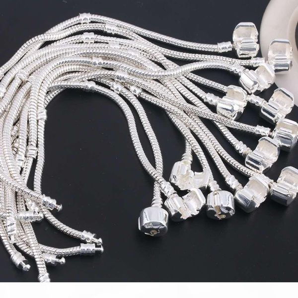 

r 17 -21cm 5 styles 925 silver plated bracelet snake chain bangle with barrel clasp fit european beads bracelet for diy jewelry, Black