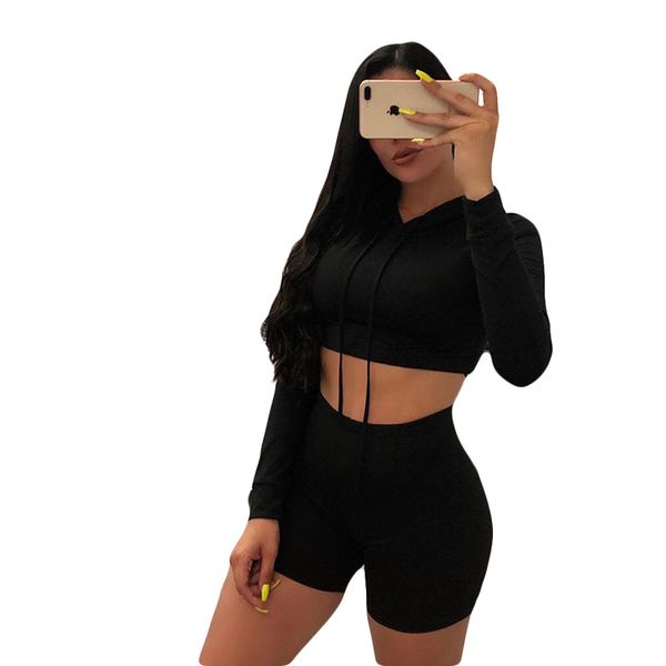 

gym clothing 2 pieces set tracksuit 2021 women long sleeve hooded sweatshirt pullovers crop high waist biker shorts jogging suit, White;black