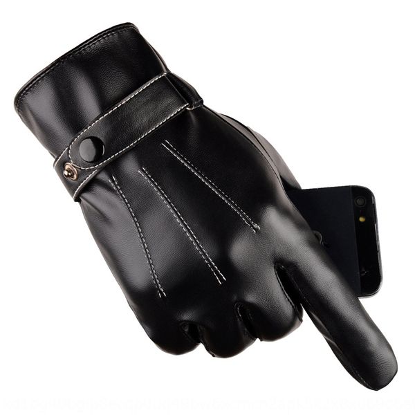 

7qbcn touch screen leather men's three-way white rib autumn and winter warm genuine leather gloves velvet thickened fashion warm gloves, Black