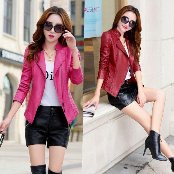 

2020 spring new haining leather jacket female slim stand collar short leather jacket ladies small, Black;brown