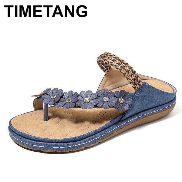 

timetang 2020 summer flat sandals for women 3 colors flowers multicolor sandals pu leather retro floral thongs women slipper, Black