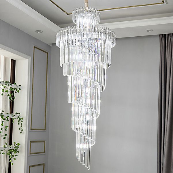

spiral crystal chandelier lighting for villa staircase l lobby luxury hanging lamps european chrome long pendant lights with led bulbs