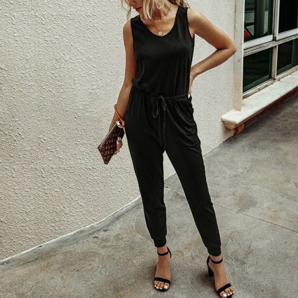 

women casual jumpsuits bodycon summer v neck sleeveless jumpsuit strappy romper black trousers playsuit overalls, Black;white