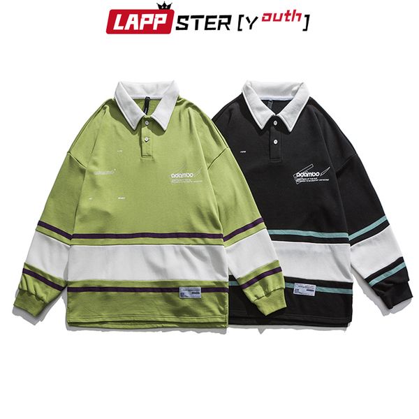 

lappster-молодёжная полосатый harajuku pathcwork толстовки 2020 осень мужчины kpop vintage style фуфайки отложной воротник повседневная hood, Black