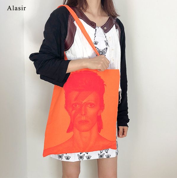 

alasir simple characters personality rock double-sided pattern student bag large capacity women shoulder bag casual tote canvas