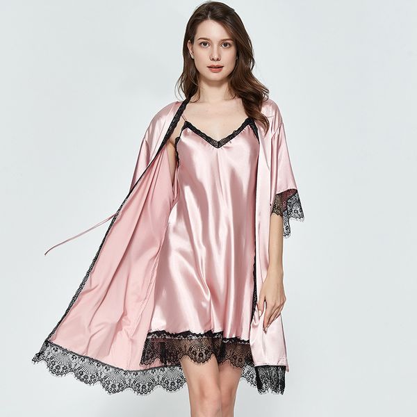 

satin wedding robe set women silky 2pcs sleepwear lace patchwork nighty&robe set female loose kimono gown casual home wear, Black;red