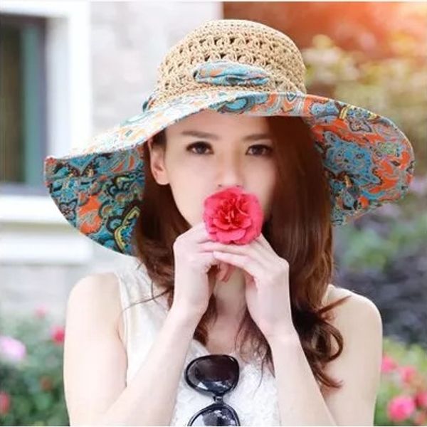 

korean style folding beach sunscreen straw sunscreen women's sun sun-proof fashionable big edge straw hat women's summer sun hat, Blue;gray