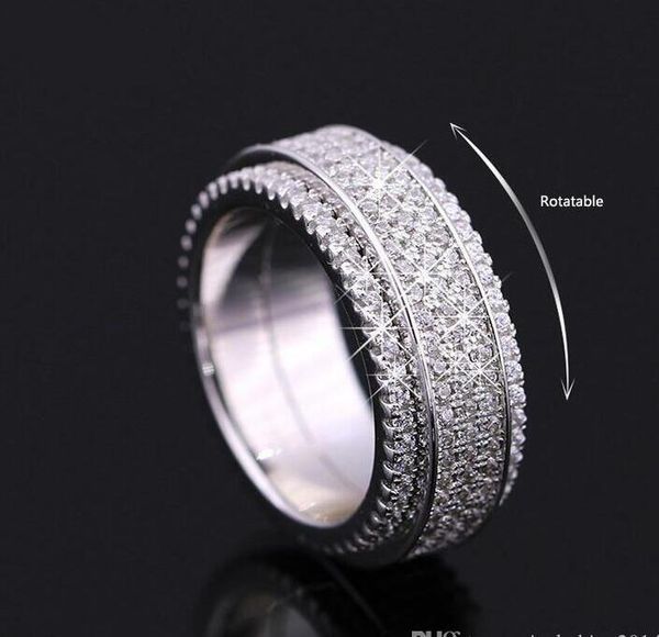 

sparkling handmade luxury jewelry real 925 sterling silver 5 rows pave white sapphire cz diamond women wedding rotatable women wedding ring, Slivery;golden