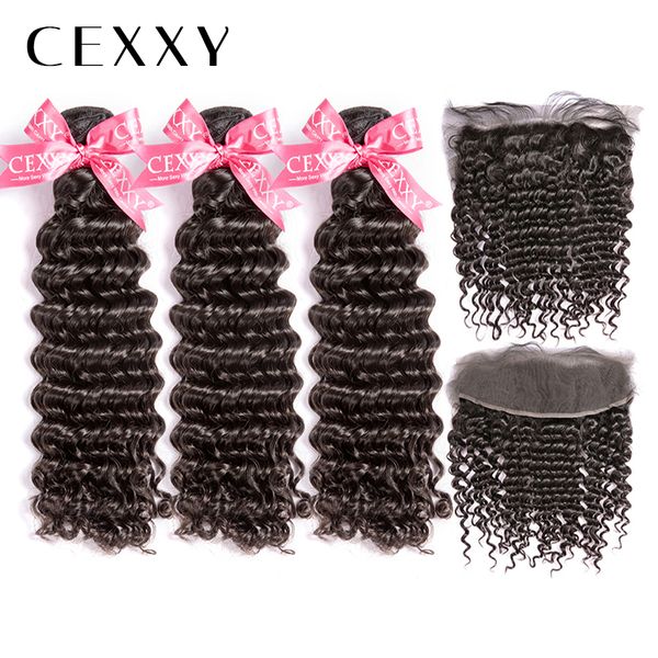 

[cexxy] onecut hair deep wave 8-32 inch p indian virgin hair natural color bundles with frontal curly human hair weave bundles, Black;brown