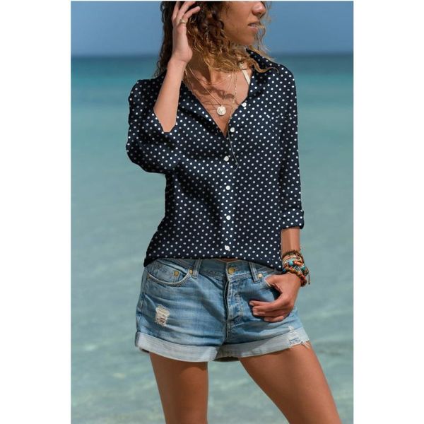 

spring autumn women fashion casual long sleeve elegant shirts wave dot lapel loose blouse office lady daily wear, White