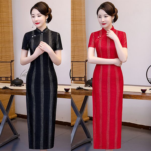 

new arrival black red cheongsam women long lace qipao chinese dress qi pao party elegant dress vintage qipao 4xl