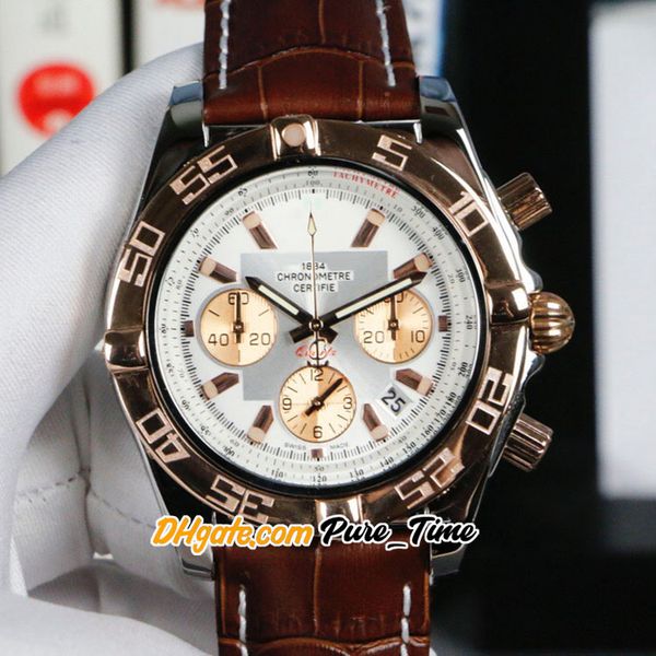 

new ib011012.a696 silver dial gold subdial quartz chronograph mens watch satch two tone rold steel case leather strap watches pure_time, Slivery;brown