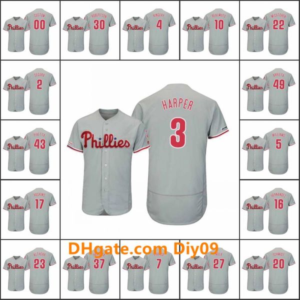

philadelphia phillies men #3 bryce harper 20 mike schmidt 17 rhys hoskins women youth flex base majestic away custom jersey, Black