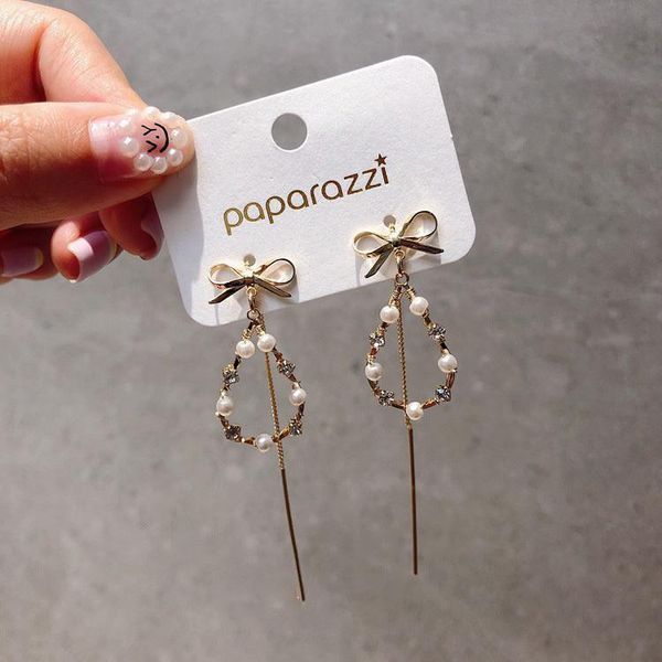 

mengjiqiao 2019 new korean tv star zircon simulated pearl drop earrings for women elegant bowknot circle long line pendientes, Silver
