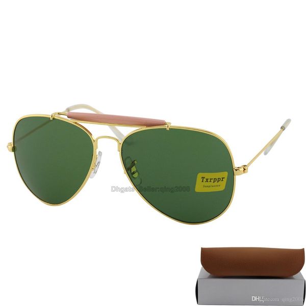 

5pcs fashion txrppr men women pilot sunglasses sun glasses gold metal frame green glass lenses 62mm uv400 protection boxes case, White;black